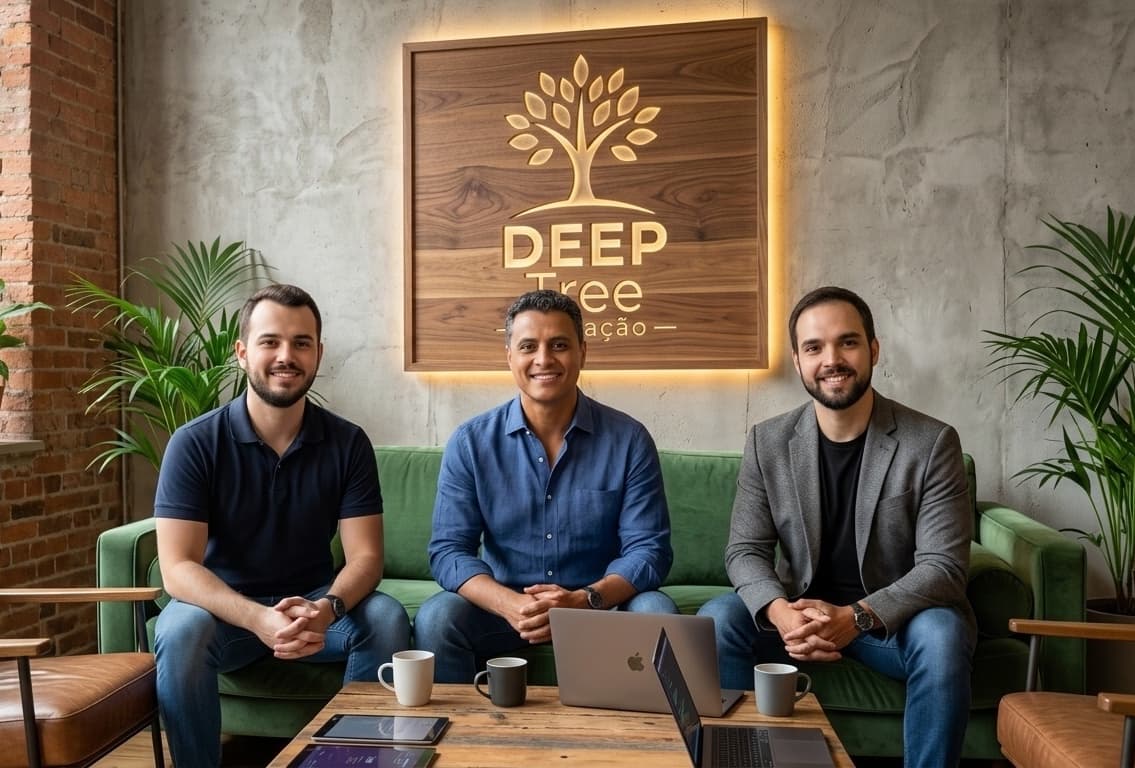 Gabriel Almeida, Mateus Hope e Lucas Nastari, sócios do MY MOOD, no escritório da DEEP Tree Inovação